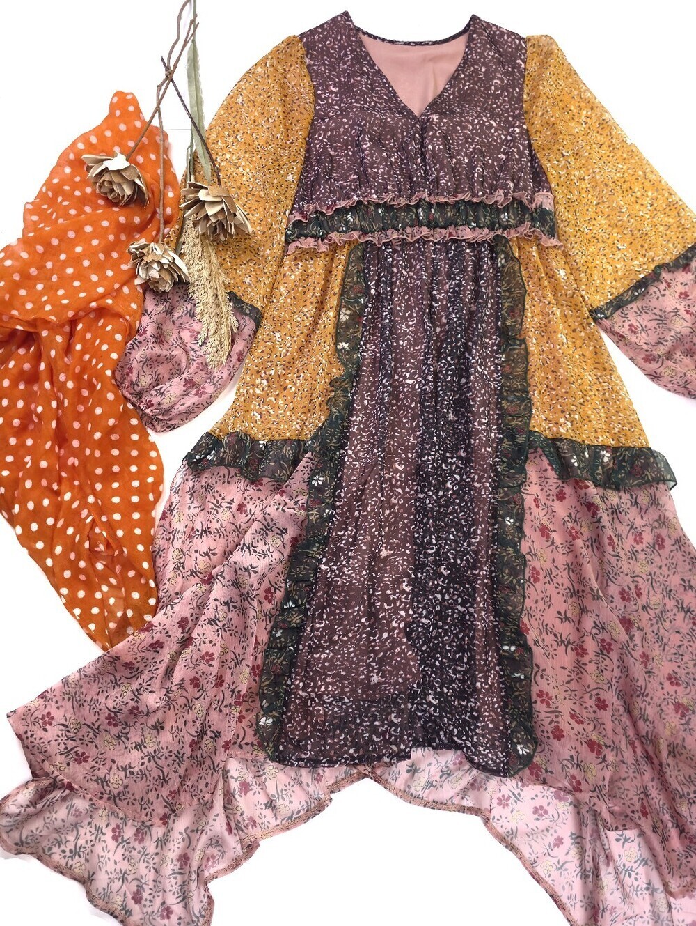 Boho Floral Primrose Dress in Pink, Mustard & Plum Green Ulla Johnson Vibe